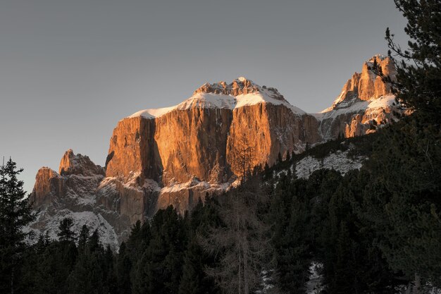 Cenário esplêndido de altos penhascos rochosos e uma floresta de abetos coberta de neve nas Dolomitas