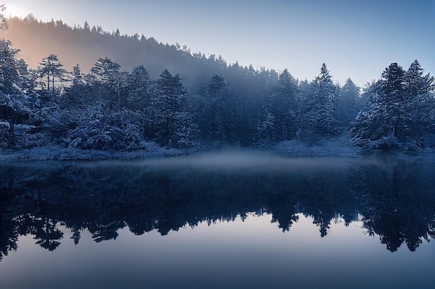 Foto grátis cenário tranquilo com castelo de neve em nuvens, o riacho da montanha flui das colinas da floresta para o lago glacial