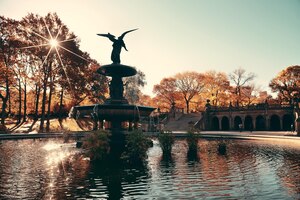 Central park outono e fonte de anjo no centro de manhattan new york city