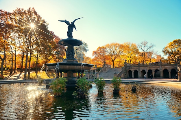 Central Park Outono e fonte de anjo no centro de Manhattan New York City