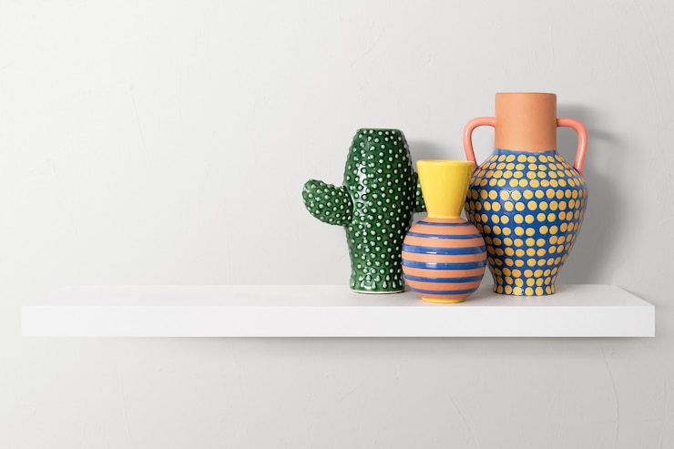Foto grátis cerâmica colorida em uma estante de decoração para casa
