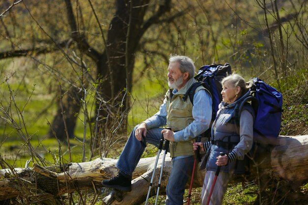 Cercado pela natureza. Casal idoso da família de homem e mulher em roupa de turista, caminhando no gramado verde perto de árvores em dia ensolarado. Conceito de turismo, estilo de vida saudável, relaxamento e união.