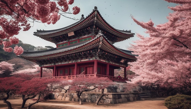 Cerejeira em flor de cerejeira no antigo pagode japonês gerado por IA