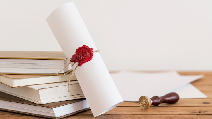Foto grátis certificado com fita e laço na mesa do escritório