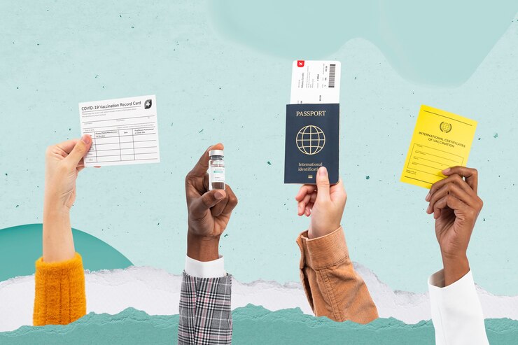 Foto grátis certificado de frasco de vacina covid-19 e mídia remixada para viagem com passaporte