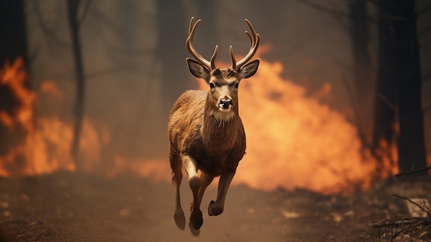 Foto grátis cervos a fugir de um incêndio