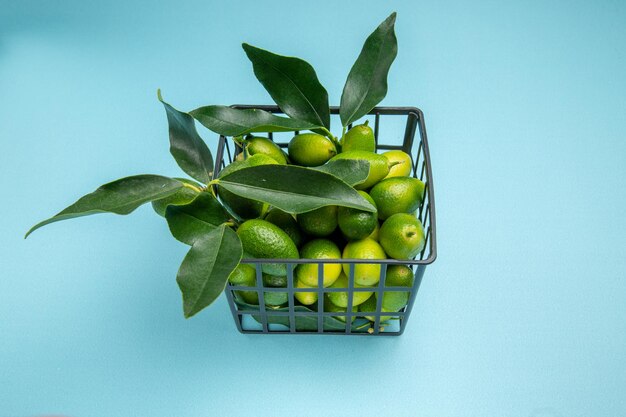 Cesta cinza de frutas cítricas vista lateral com frutas cítricas verdes e folhas na mesa azul