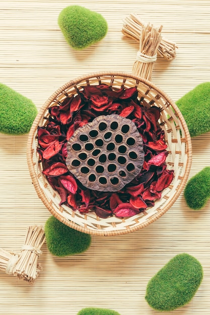 Foto grátis cesta com cogumelo e pétalas de rosa