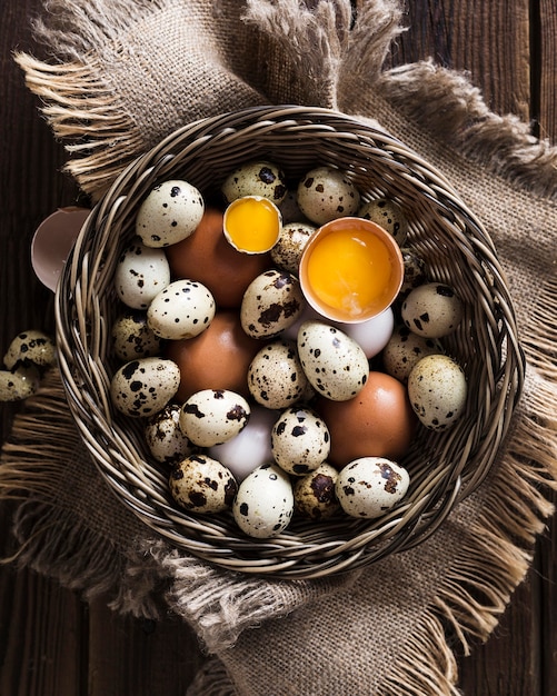 Foto grátis cesta com ovos de codorna e frango