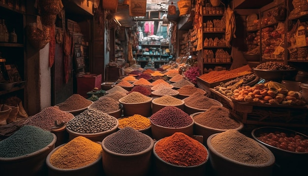 Cestas coloridas de especiarias frescas para venda geradas por IA