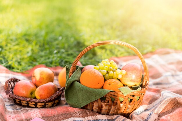 Cestas de frutas na manta de piquenique no parque