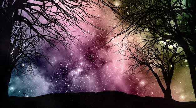 Céu noturno de Starfield com silhuetas de árvore