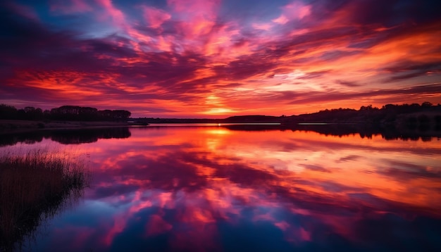 Céu temperamental reflete cores vibrantes em IA geradora de cena tranquila