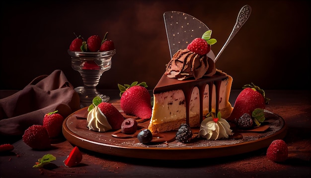 Chantilly, chocolate e frutas em abundância, indulgência gourmet gerada por IA