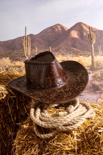 Chapéu de cowboy de alto ângulo e corda