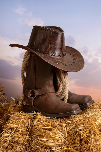 Foto grátis chapéu de cowboy de vista lateral e botas ao ar livre