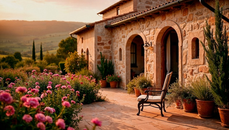 Foto grátis charmosa vila toscana ao pôr-do-sol com terraço floral
