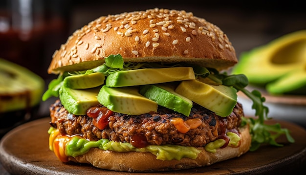 Foto grátis cheeseburger gourmet grelhado na ciabatta com legumes frescos e batatas fritas geradas por ia