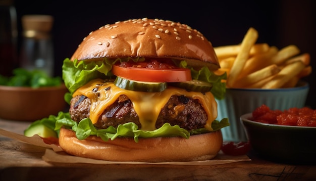 Cheeseburger grelhado e batatas fritas, uma refeição americana clássica gerada por IA