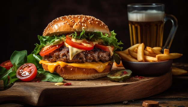 Cheeseburger grelhado e batatas fritas, uma refeição americana clássica gerada por IA