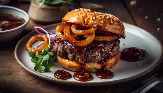 Cheeseburguer gourmet grelhado em mesa de madeira rústica gerada por IA