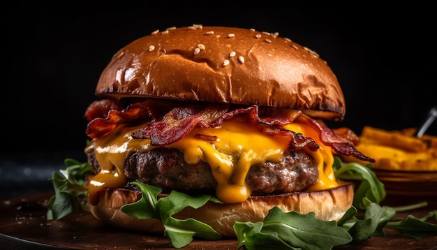 Cheeseburguer grelhado com tomate cebola e batatas fritas generative AI