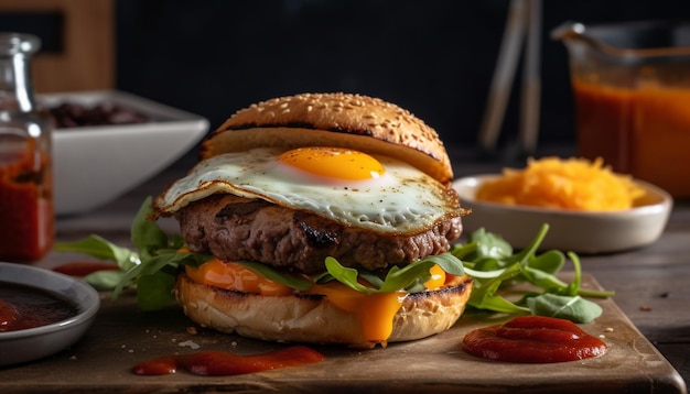 Foto grátis cheeseburguer grelhado com tomate, cebola e fritas gerado por ia