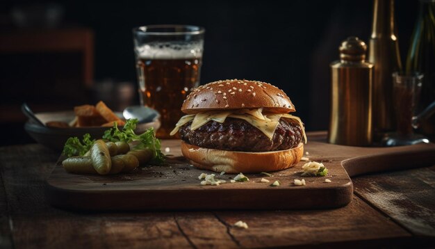 Foto grátis cheeseburguer grelhado e batatas fritas em mesa rústica gerada por ia