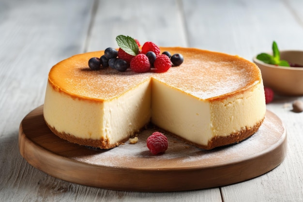 Cheesecake caseiro com frutas frescas para sobremesa em fundo branco ai generative