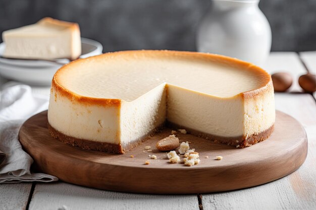 Cheesecake clássico na mesa de madeira Ai generative