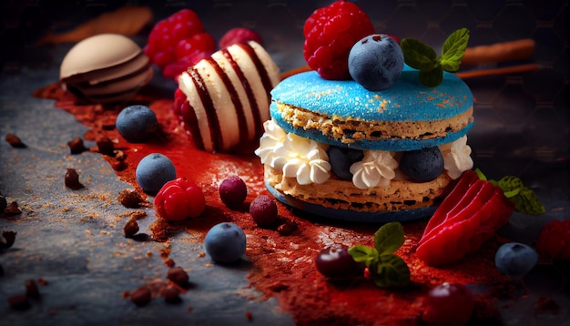 Cheesecake de frutas frescas com decoração de chocolate com framboesa gerado por IA
