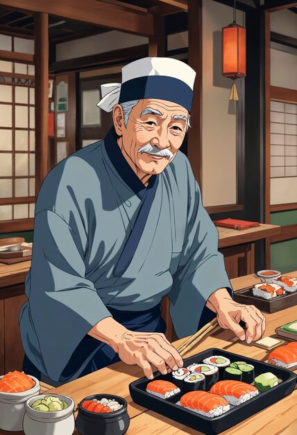 Chef asiático cozinhando sushi em um restaurante japonês