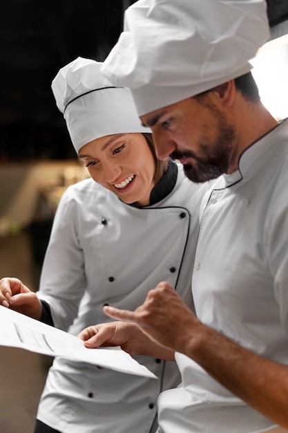 Foto grátis chef cozinhando na cozinha vestindo roupas profissionais