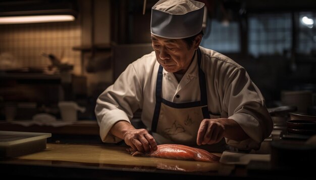 Chef masculino caucasiano sênior habilmente preparando carne caseira gerada por IA