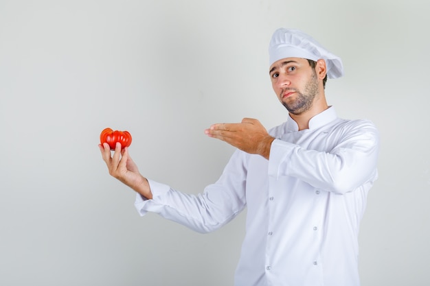 Chef masculino de uniforme branco mostrando tomate fresco