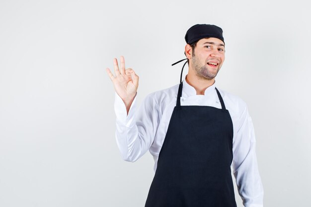 Chef masculino mostrando o gesto ok de uniforme, avental e olhando alegre, vista frontal.