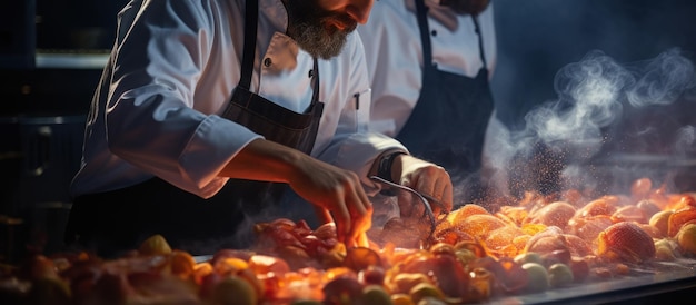 Chefes demonstrando habilidades de culinária em um concurso