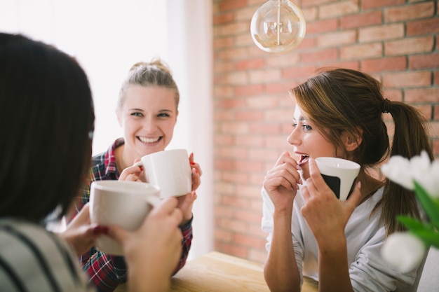 Chicas encantadoras compartilhando com notícias enquanto conversiam