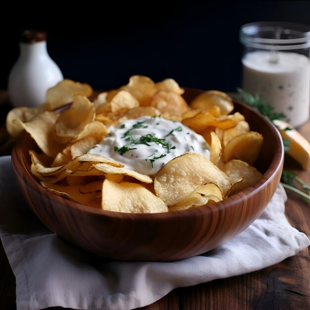 Chips de batata com creme azedo e salsa em uma tigela de madeira em um fundo escuro