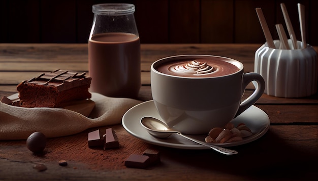 Foto grátis chocolate quente na mesa de madeira rústica generativa ai