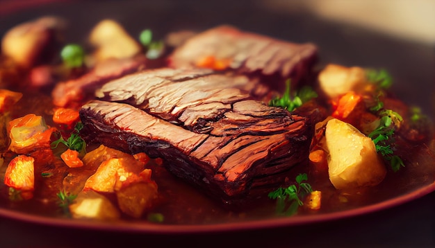 Foto grátis churrasco de peito bovino picado peito bovino tradicional carne defumada do texas esfregada com especiarias e