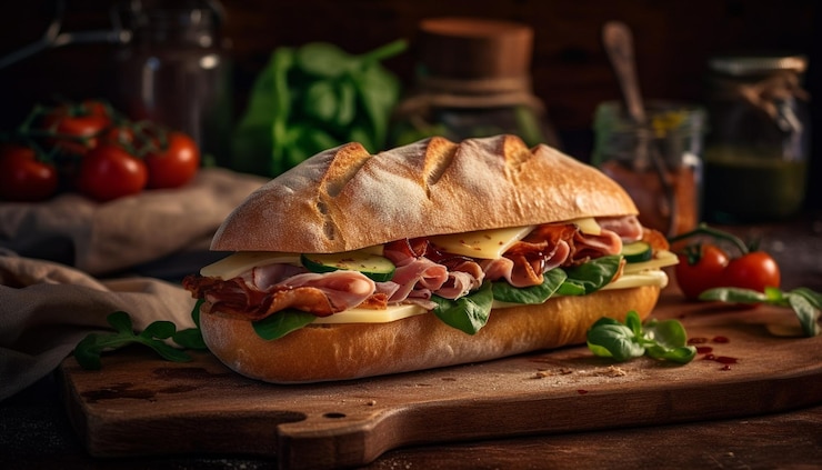 Foto grátis ciabatta fresco torrado para um delicioso sanduíche gourmet gerado por ia