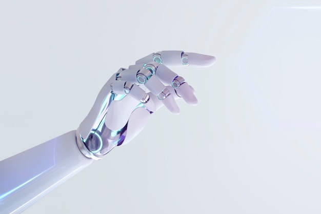 Ciborgue apontando o dedo com a mão, tecnologia de inteligência artificial