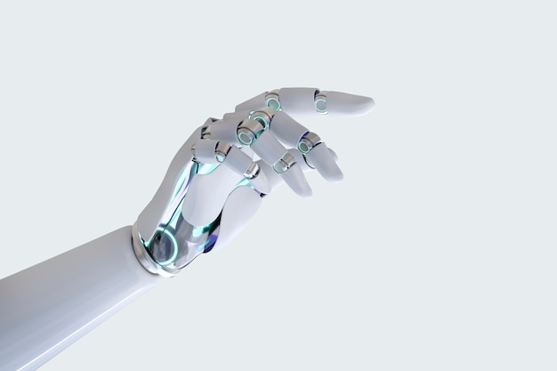Ciborgue com a mão apontando o dedo no fundo, tecnologia de inteligência artificial