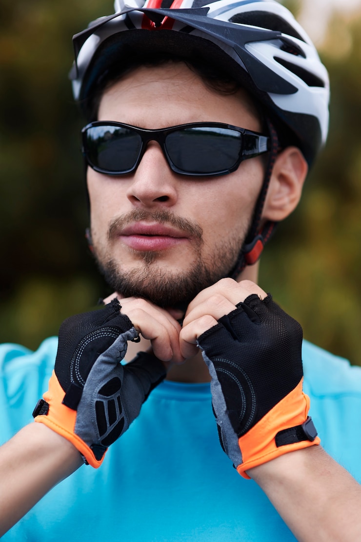 Foto grátis ciclista usando seu capacete esportivo