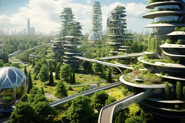 Foto grátis cidade futurista e amiga do ambiente com espaços verdes