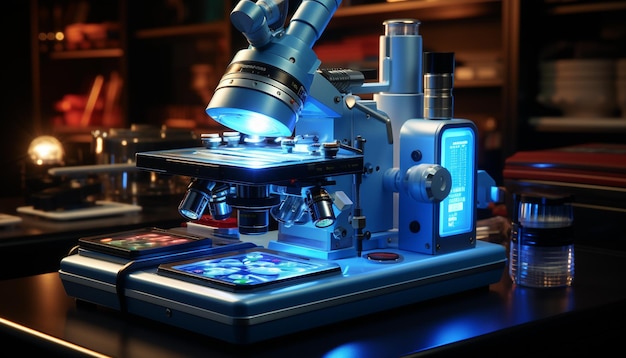 Cientista analisando amostra médica com microscópio de ampliação de alta escala em laboratório gerado por inteligência artificial