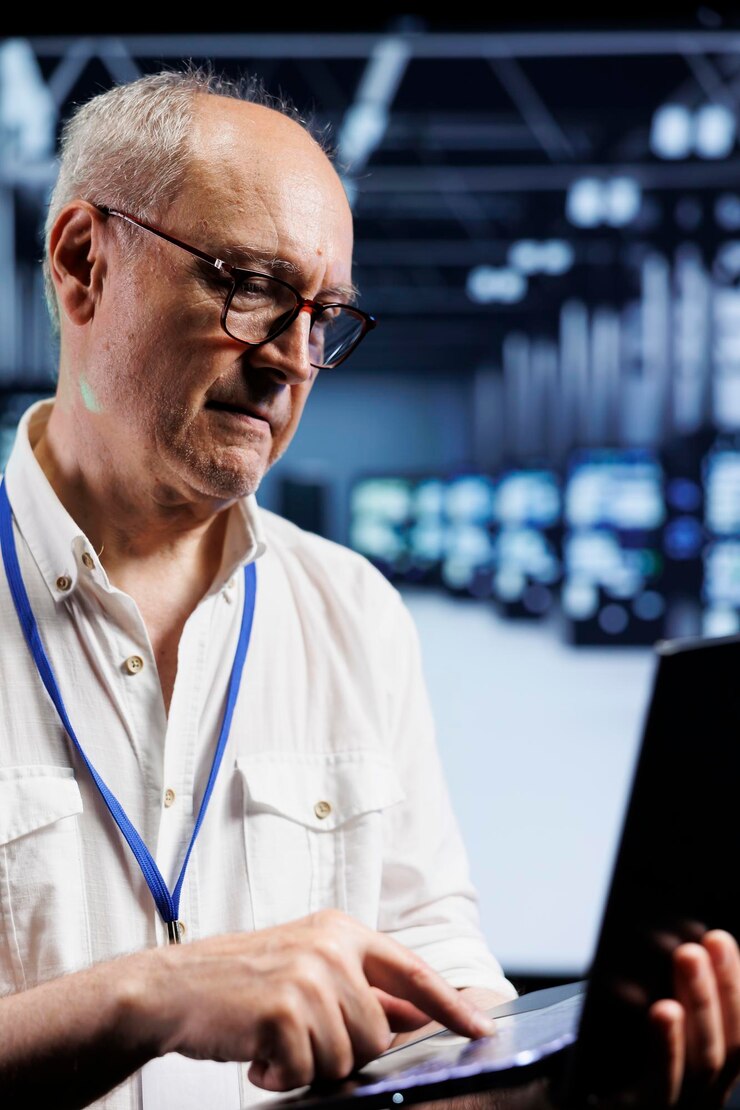 Foto grátis cientista da computação inspeciona supercomputadores no data center, garantindo um bom desempenho. especialista experiente em sala de servidores monitorando o consumo de energia em componentes de unidades usando laptop