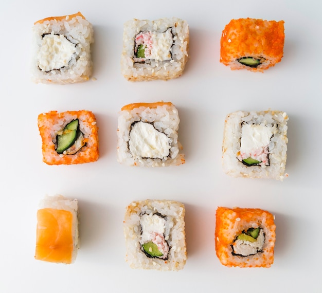 Cima, vista superior, rolos sushi