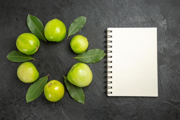 Círculo de vista superior de tomates verdes e folhas de louro um caderno na superfície escura
